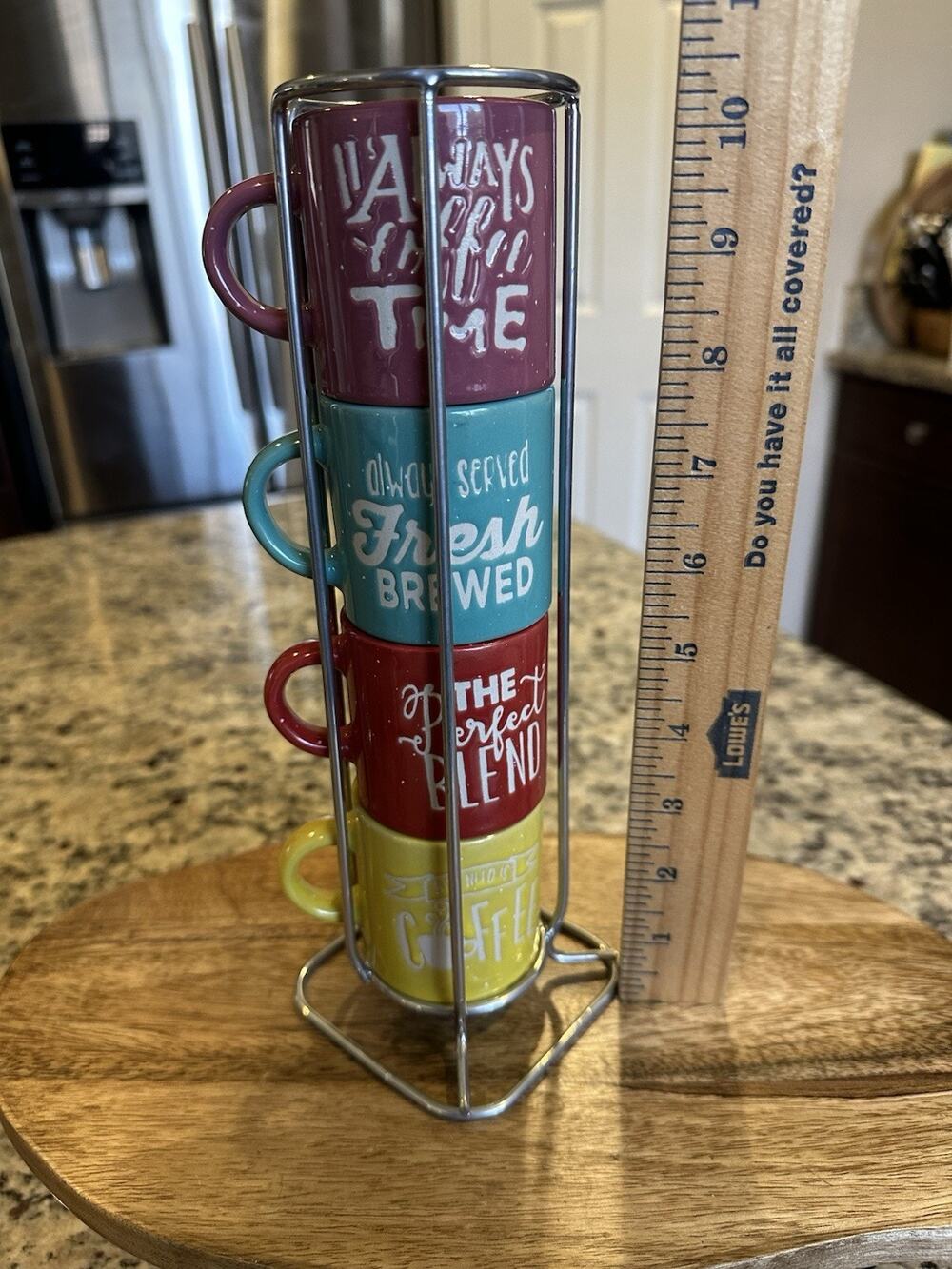 Colorful Stackable Espresso Mug Set of 4 With Stand, Coffee Sayings, 4oz